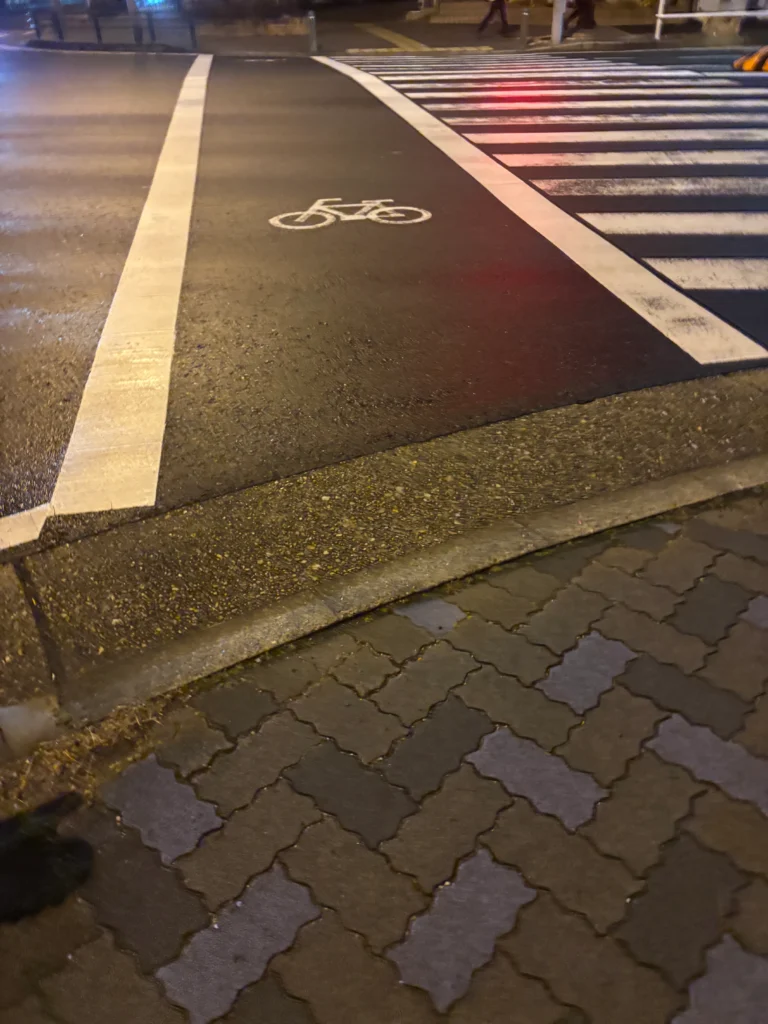 夜間の濡れた路面に白線と自転車マーク、横断歩道が描かれた一本道の道路