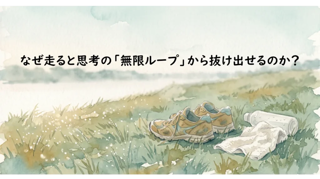 「なぜ走ると思考の『無限ループ』から抜け出せるのか？」と書かれた、シューズと水筒が置かれた水辺の風景