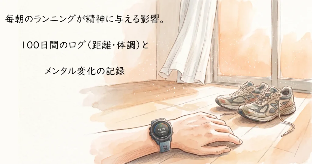 「毎朝のランニングが精神に与える影響。100日間のログとメンタル変化の記録」のテキストとシューズ