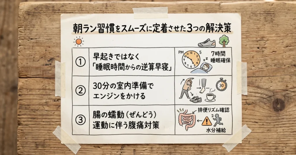 「朝ラン習慣をスムーズに定着させた3つの解決策」として逆算早寝、室内準備、腹痛対策をまとめた図