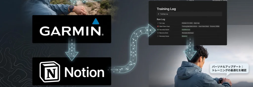 GARMINからNotionへのトレーニングデータ連携と「パーソナルアップデート：トレーニングの最適化を確認」を示す図
