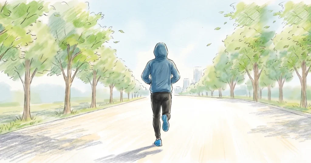 緑豊かな並木道を軽快に走るランナーの後ろ姿